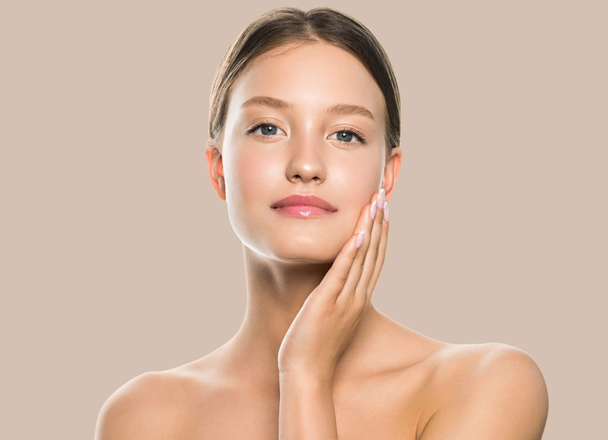 Beauty,Woman,Face,Healthy,Clean,Natural,Beautiful,Skin,Care.,Female A woman with radiant skin and clear blue eyes, highlighting the results of Botox and other aesthetic treatments at the boutique spa.